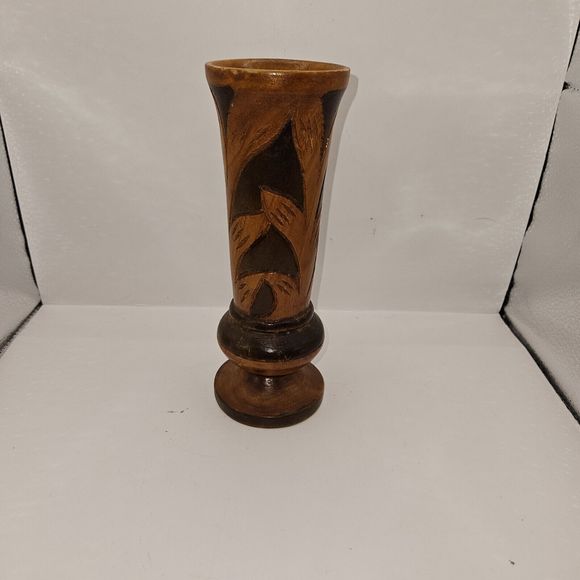 Vintage Hand Carved Wooden Vase Bohemian Mid-century Modern 8" Two-tone - Picture 4 of 16